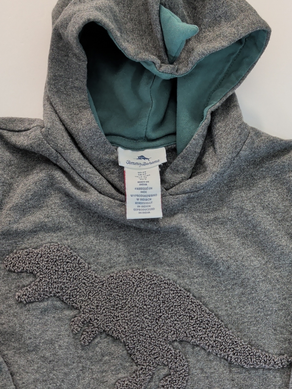 Tommy Bahama Kid's Gray Hoodie W/Teal Lined Hood, Dino Spike & Dino Appliqué